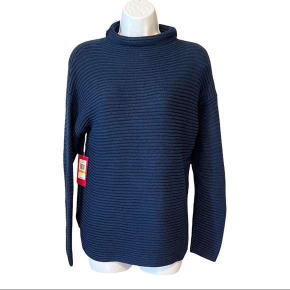 Vince Camuto Cowl Neck Sweater Women’s Navy Blue Oversized Cotton Knit Sweater S - Picture 1 of 5